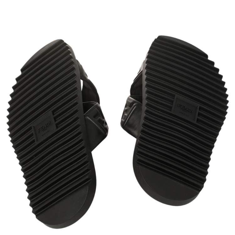 Pre Owned Fendi Black Leather Embossed FF Logo Flat Sandals Size 42