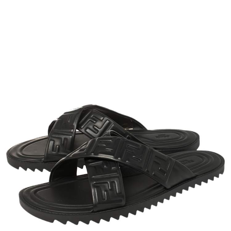 Pre Owned Fendi Black Leather Embossed FF Logo Flat Sandals Size 42