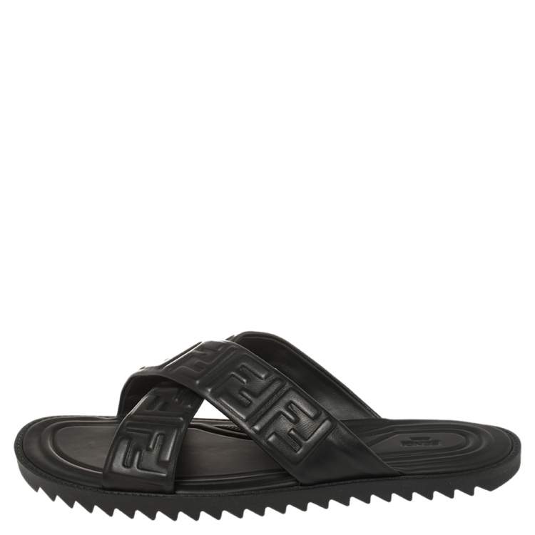 Pre Owned Fendi Black Leather Embossed FF Logo Flat Sandals Size 42