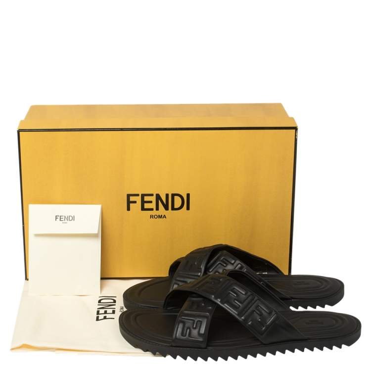 Pre Owned Fendi Black Leather Embossed FF Logo Flat Sandals Size 42