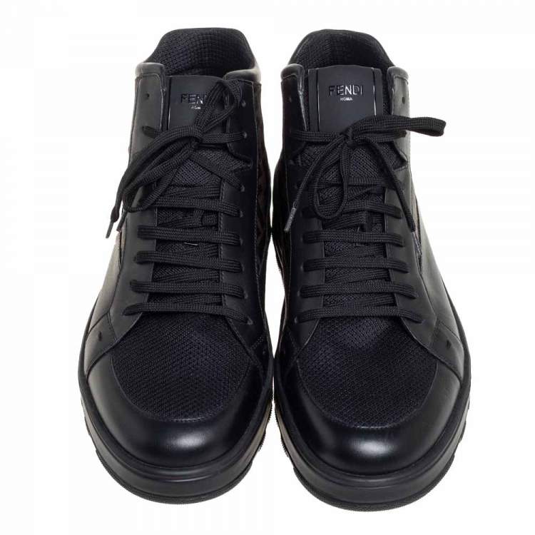 Pre Owned Fendi Black/Brown Mesh And Zucca Canvas High Top Sneakers Size 45