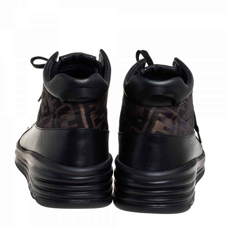 Pre Owned Fendi Black/Brown Mesh And Zucca Canvas High Top Sneakers Size 45