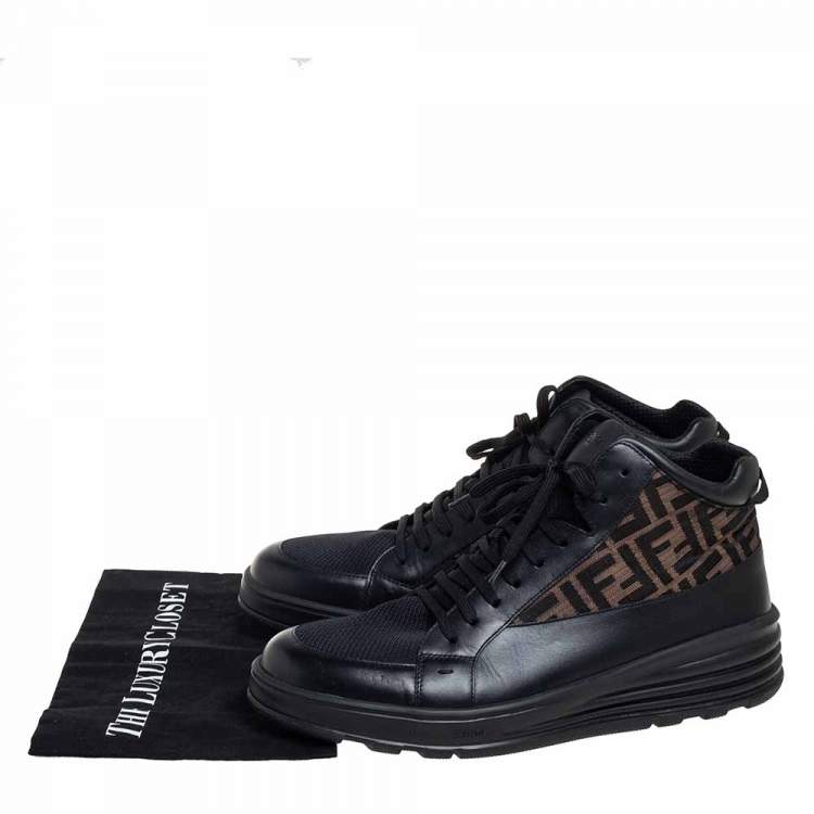 Pre Owned Fendi Black/Brown Mesh And Zucca Canvas High Top Sneakers Size 45