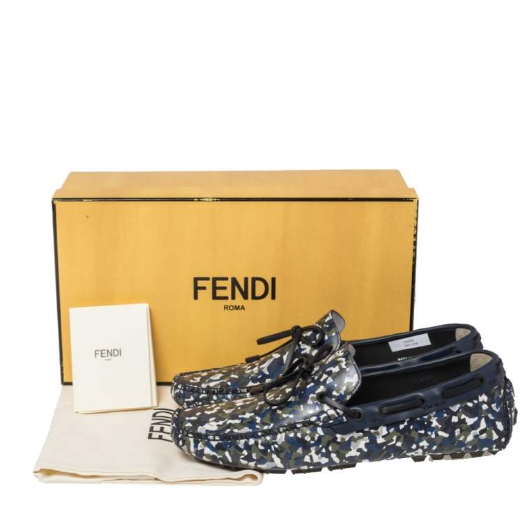 Pre Owned Fendi Navy Blue/Green Leather Military Moccasins Size 43