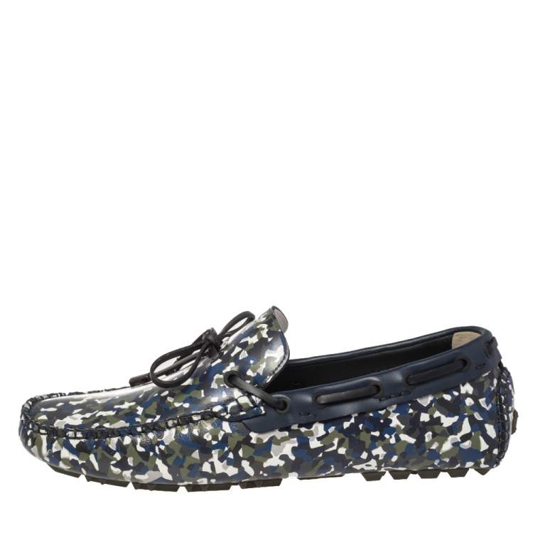 Pre Owned Fendi Navy Blue/Green Leather Military Moccasins Size 43
