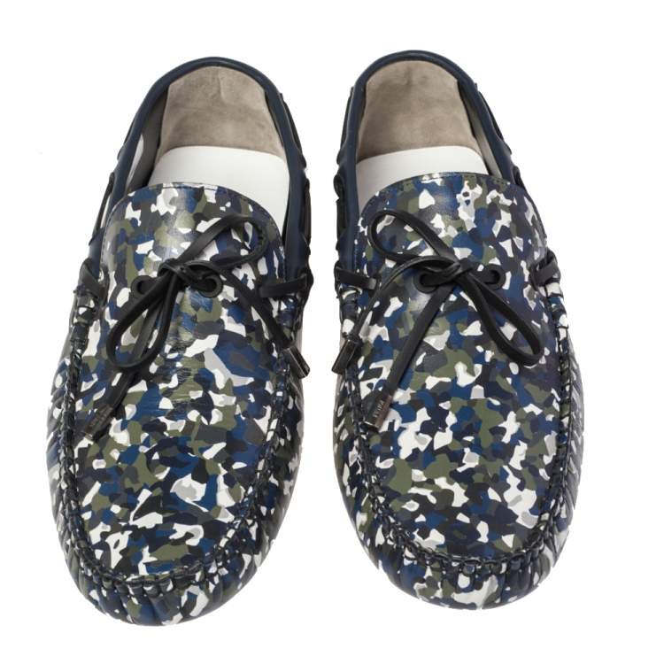 Pre Owned Fendi Navy Blue/Green Leather Military Moccasins Size 43