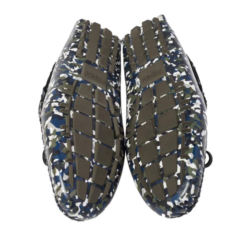Pre Owned Fendi Navy Blue/Green Leather Military Moccasins Size 43