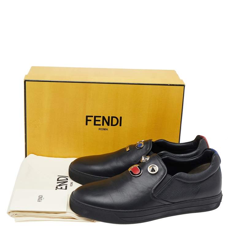 Pre Owned Fendi Black Leather Monster Bug Slip On Sneakers Size 43