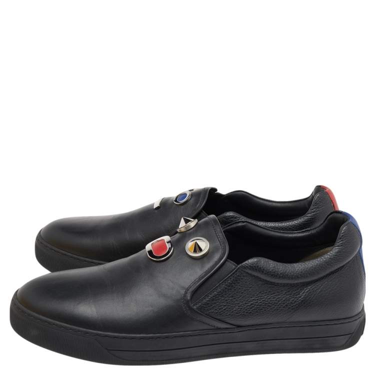 Pre Owned Fendi Black Leather Monster Bug Slip On Sneakers Size 43