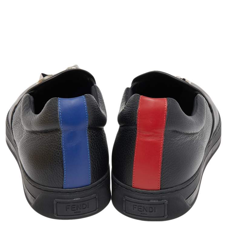 Pre Owned Fendi Black Leather Monster Bug Slip On Sneakers Size 43