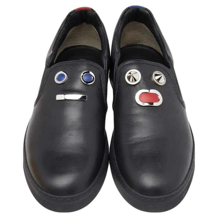 Pre Owned Fendi Black Leather Monster Bug Slip On Sneakers Size 43