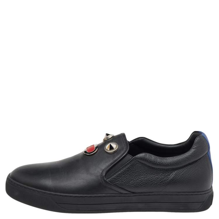 Pre Owned Fendi Black Leather Monster Bug Slip On Sneakers Size 43