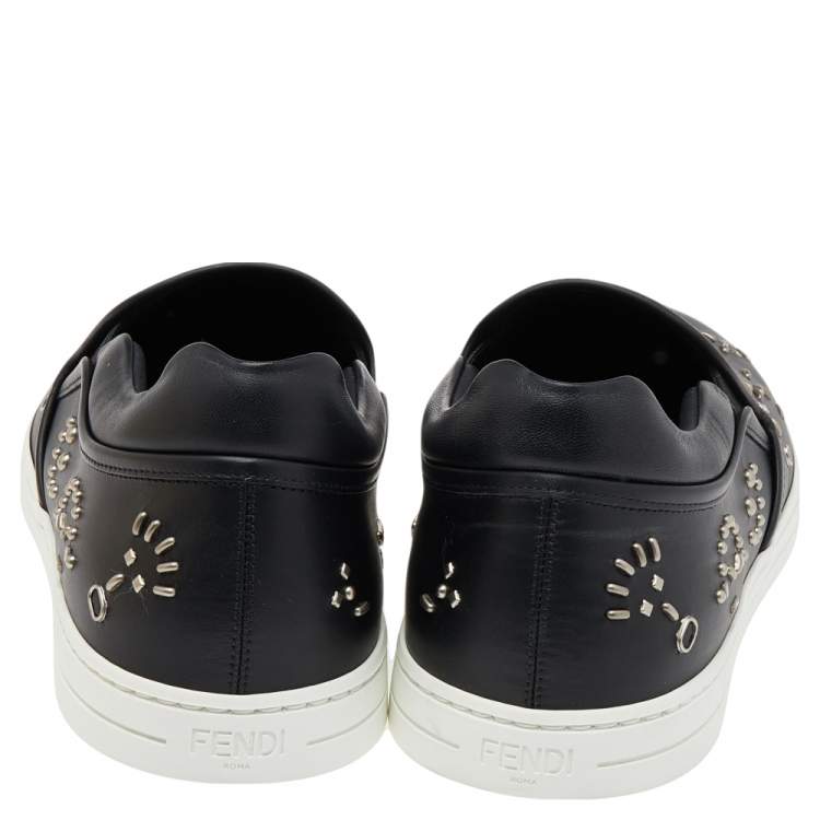 Pre Owned Fendi Black Leather Studded Slip On Sneakers Size 42.5