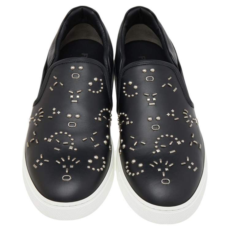 Pre Owned Fendi Black Leather Studded Slip On Sneakers Size 42.5