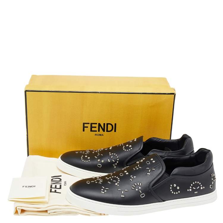 Pre Owned Fendi Black Leather Studded Slip On Sneakers Size 45