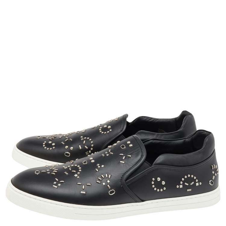 Pre Owned Fendi Black Leather Studded Slip On Sneakers Size 45