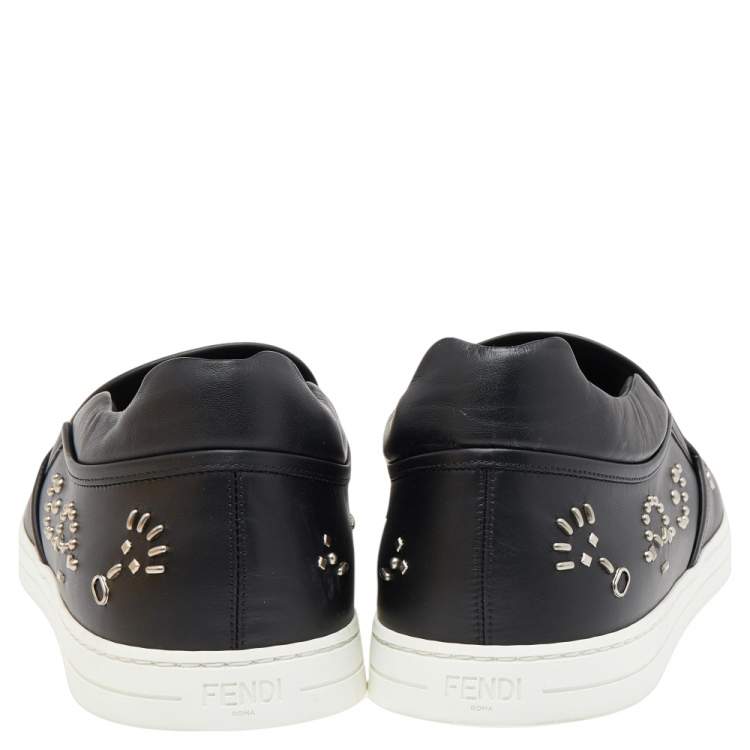 Pre Owned Fendi Black Leather Studded Slip On Sneakers Size 45