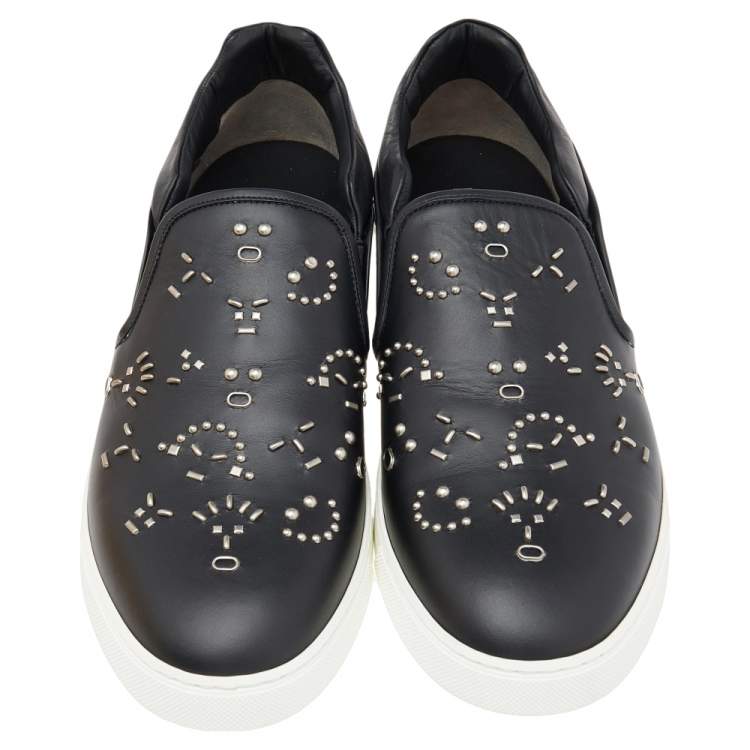 Pre Owned Fendi Black Leather Studded Slip On Sneakers Size 45