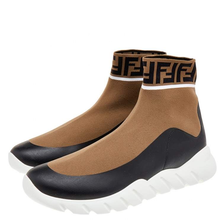 Pre Owned Fendi Brown/Beige FF Knit Fabric Sock Sneakers Size 45