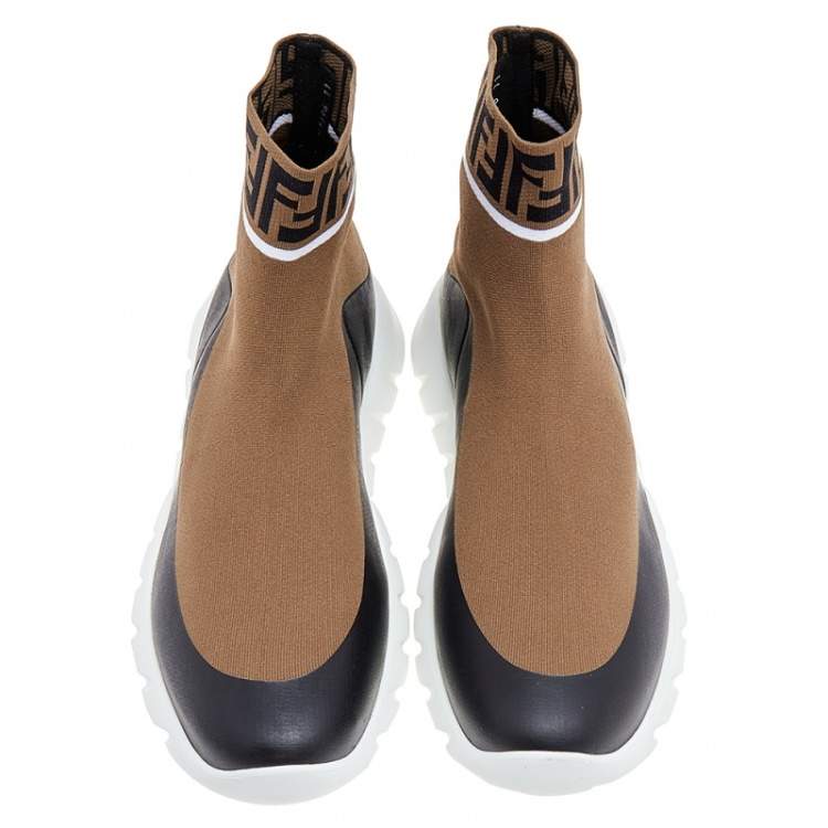Pre Owned Fendi Brown/Beige FF Knit Fabric Sock Sneakers Size 45