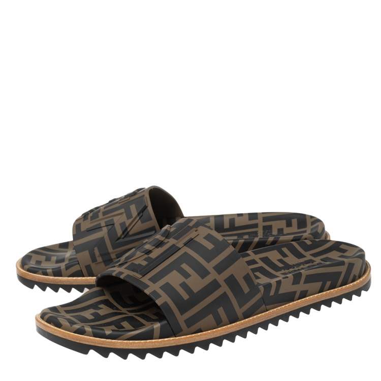 Pre Owned Fendi Brown/Black Zucca Rubber Flat Slide Sandals Size 43