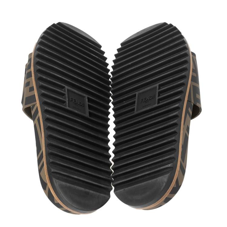 Pre Owned Fendi Brown/Black Zucca Rubber Flat Slide Sandals Size 43