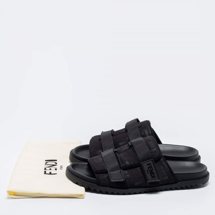 Pre Owned Fendi Black Canvas Strapped  Embossed FF Logo Slide Size 45 