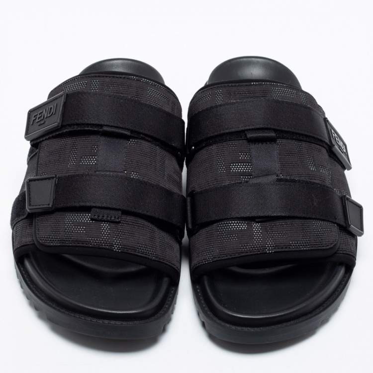 Pre Owned Fendi Black Canvas Strapped  Embossed FF Logo Slide Size 45 