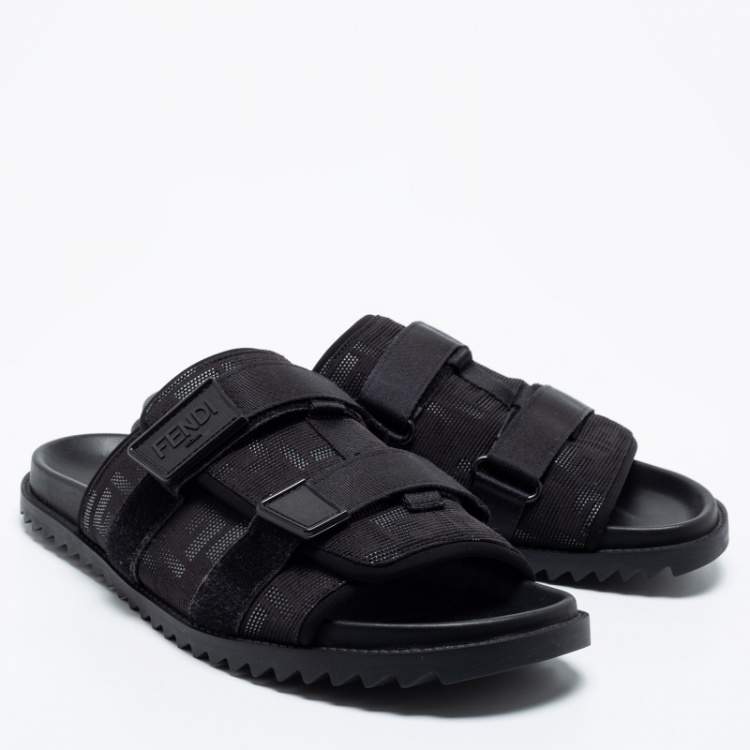 Pre Owned Fendi Black Canvas Strapped  Embossed FF Logo Slide Size 45 