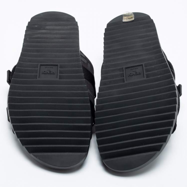 Pre Owned Fendi Black Canvas Strapped  Embossed FF Logo Slide Size 45 