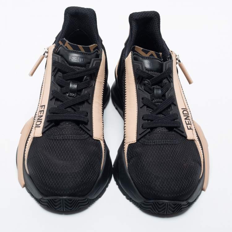 Pre Owned Fendi Black/Beige Fabric And  Nylon Lace Up Sneakers Size 40.5