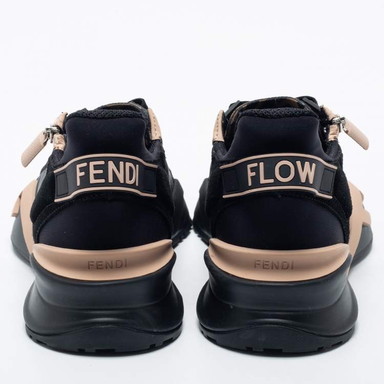 Pre Owned Fendi Black/Beige Fabric And  Nylon Lace Up Sneakers Size 40.5