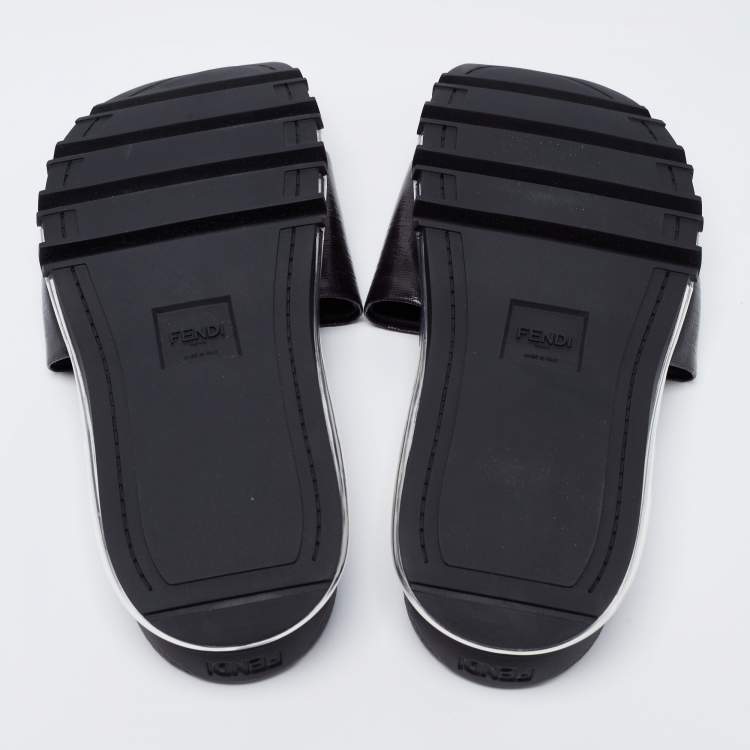 Pre Owned Fendi Black Leather Logo Embossed Flat Slides Size 42