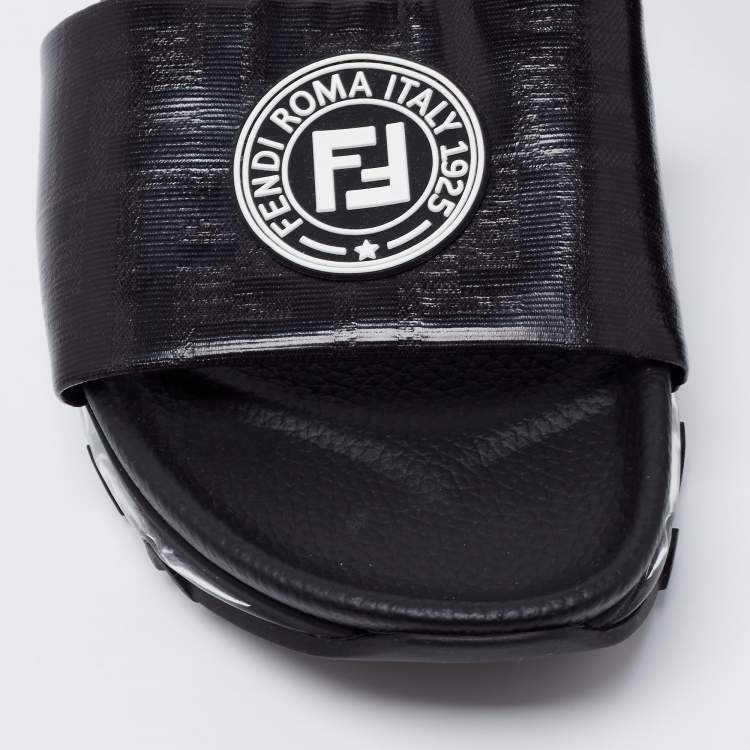 Pre Owned Fendi Black Leather Logo Embossed Flat Slides Size 42