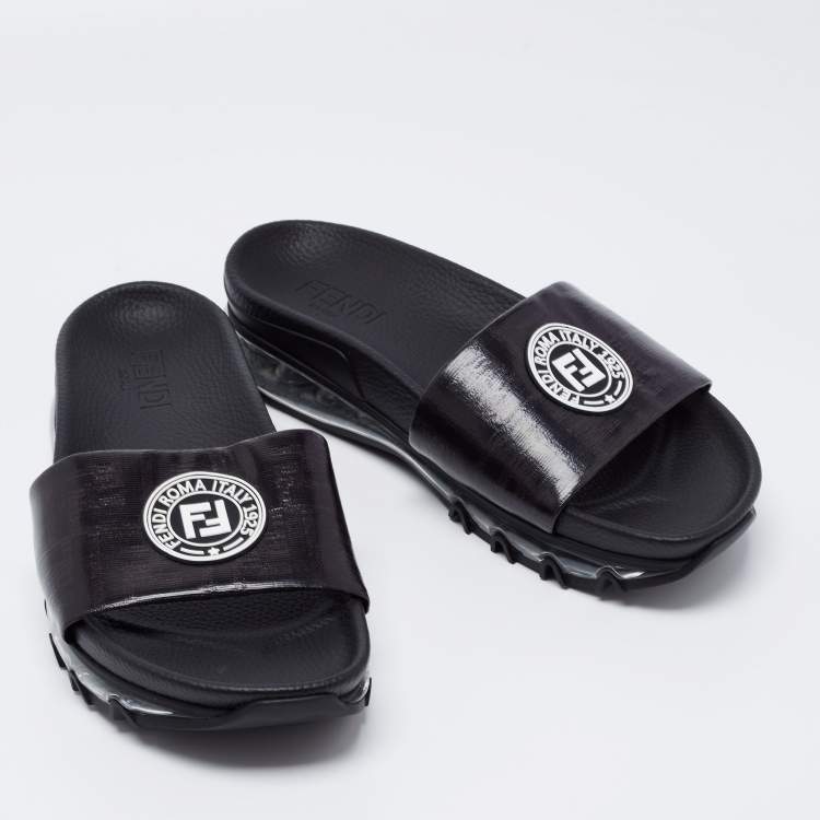 Pre Owned Fendi Black Leather Logo Embossed Flat Slides Size 42