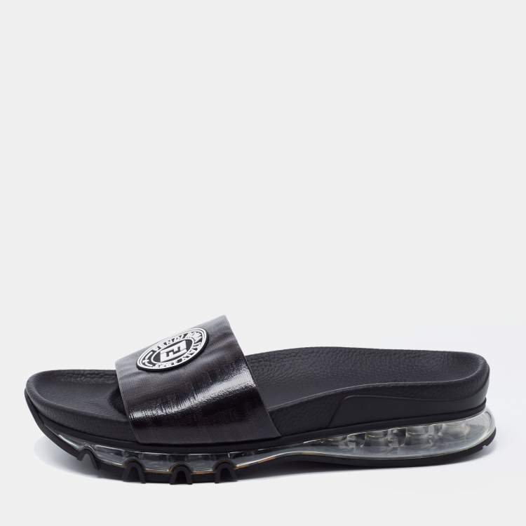 Pre Owned Fendi Black Leather Logo Embossed Flat Slides Size 42