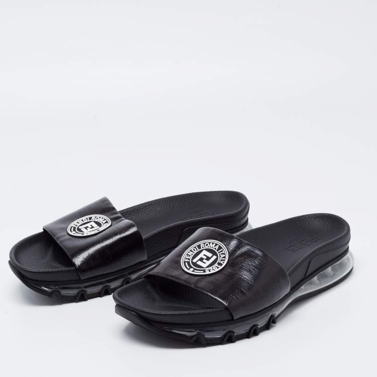 Pre Owned Fendi Black Leather Logo Embossed Flat Slides Size 42