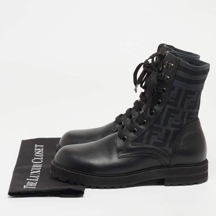 Pre Owned Fendi Black Leather and FF Fabric Ankle Boot Size 42