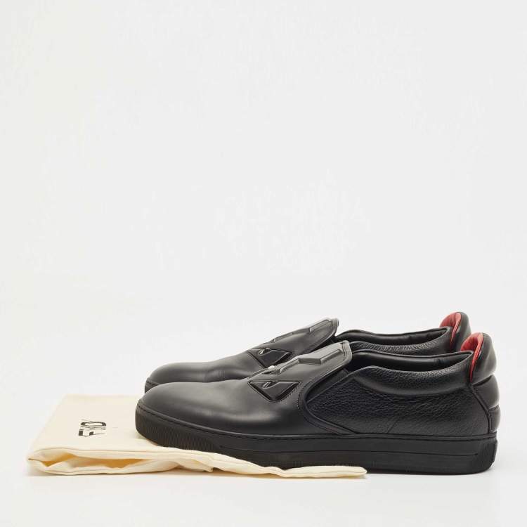 Pre Owned Fendi Black Leather Monster 3D Eyes Slip On Sneakers Size 44