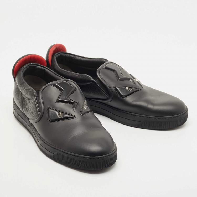 Pre Owned Fendi Black Leather Monster 3D Eyes Slip On Sneakers Size 44