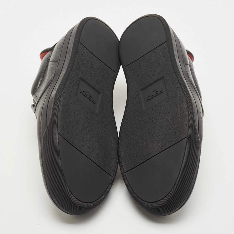 Pre Owned Fendi Black Leather Monster 3D Eyes Slip On Sneakers Size 44