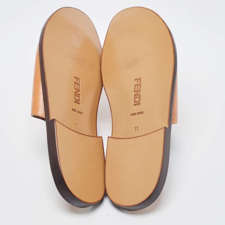 Pre Owned Fendi Tan Zucca Embossed Leather Slides Size 45