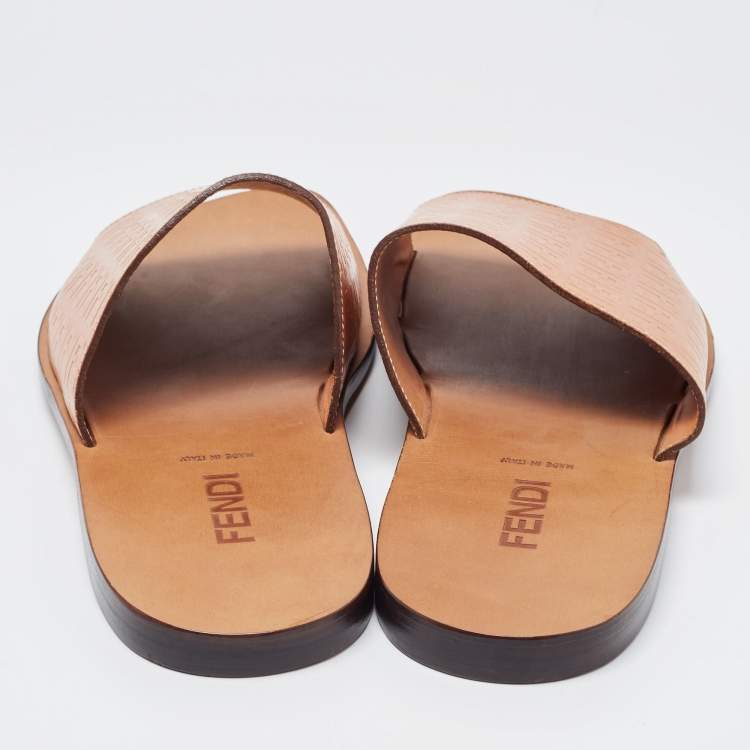 Pre Owned Fendi Tan Zucca Embossed Leather Slides Size 45