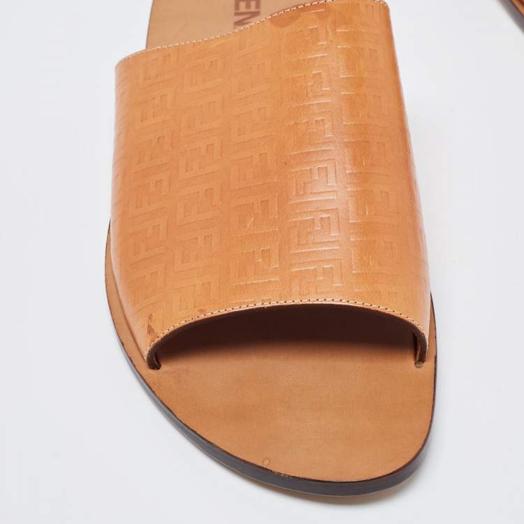 Pre Owned Fendi Tan Zucca Embossed Leather Slides Size 45