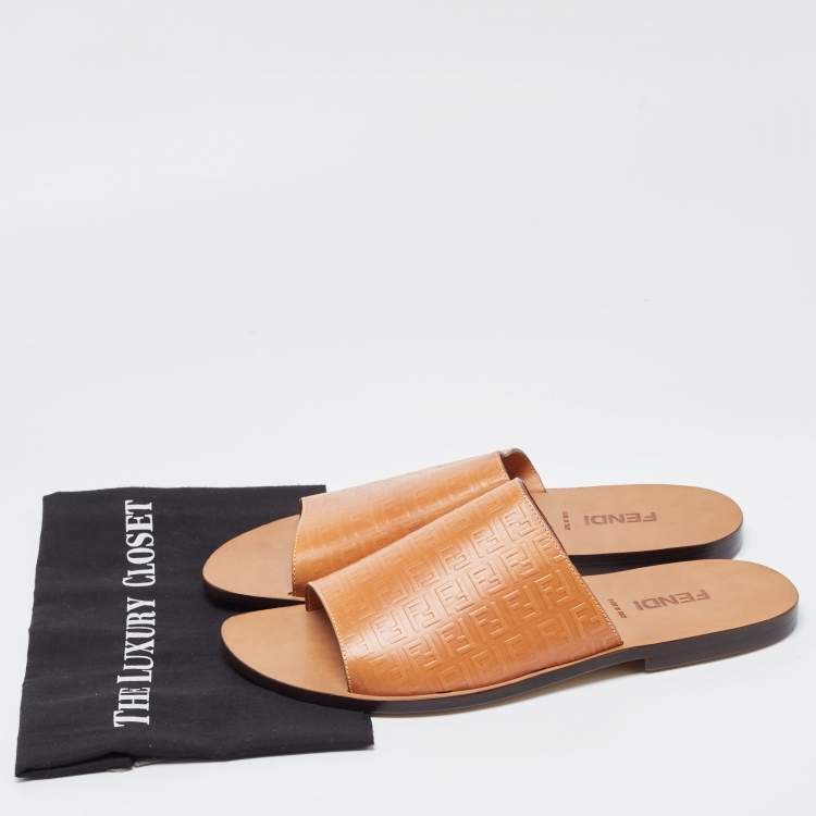 Pre Owned Fendi Tan Zucca Embossed Leather Slides Size 45