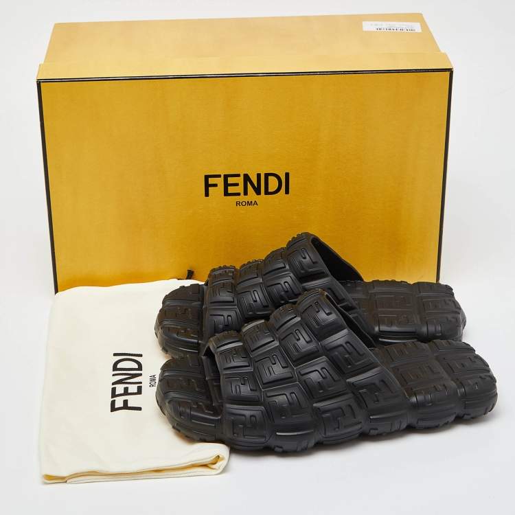 Pre Owned Fendi Black Logo Embossed Rubber Cloud Slides Size 44
