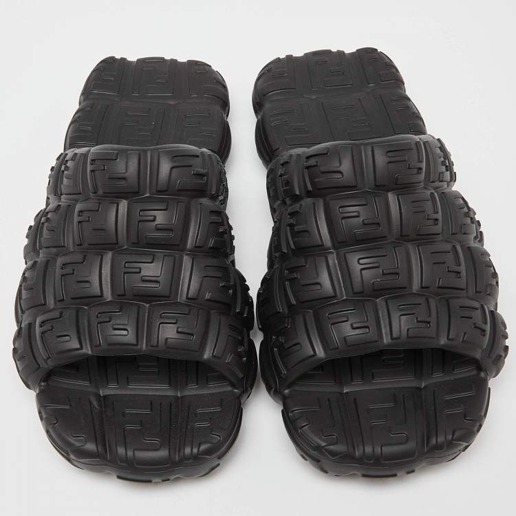 Pre Owned Fendi Black Logo Embossed Rubber Cloud Slides Size 44