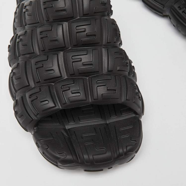 Pre Owned Fendi Black Logo Embossed Rubber Cloud Slides Size 44