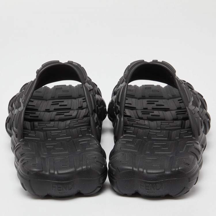 Pre Owned Fendi Black Logo Embossed Rubber Cloud Slides Size 44
