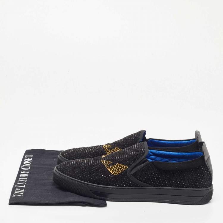 Pre Owned Fendi Black Suede Monster Swarovski Slip On Sneakers Size 43